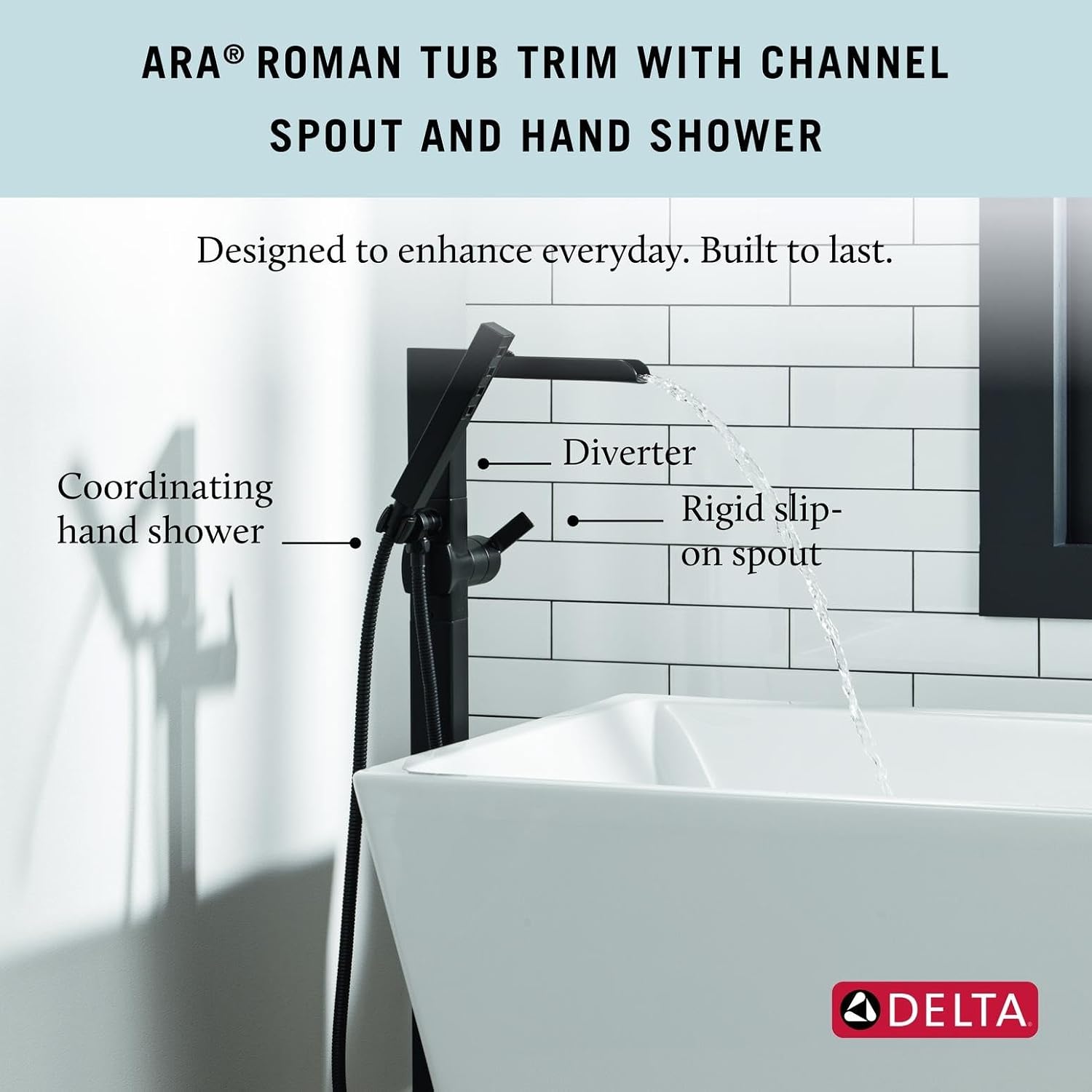 Delta Faucet Ara Floor Mount Tub Filler - Freestanding Roman Tub Open Spout with Handheld Shower - Flexible Shower Hose - Double Check Valves - Matte Black